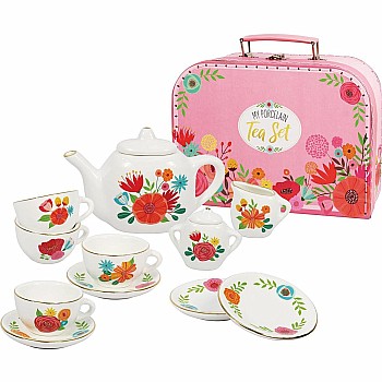 My Porcelain Tea Set- Carry Case With Modern Floral Design And Golden Edging