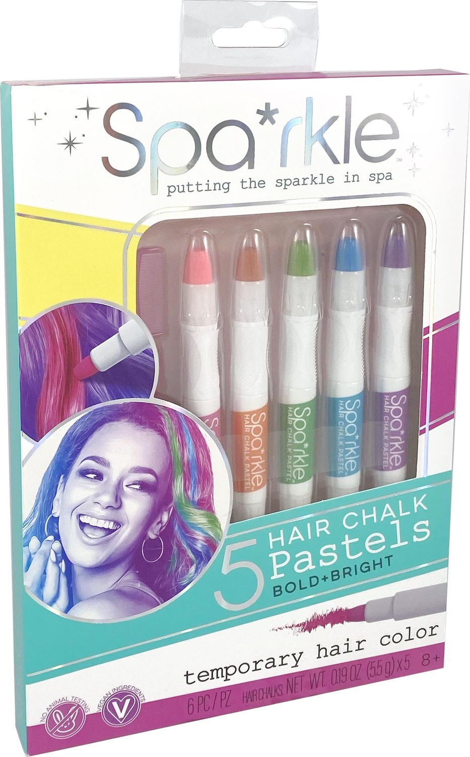 Sparkle 5 Hair Chalk Pastels In Washable Bright Colors - Cheeky Monkey Toys