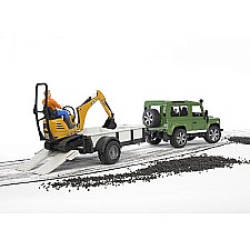 Land Rover Defender Station Wagon with one axle trailer, 
JCB micro excavator 8010 CTS and construction worker 