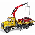 Bruder 2829 MACK Granite tow truck with BRUDER Roadster