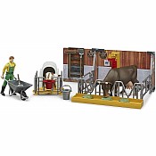 bworld Cow and calf barn with farmer