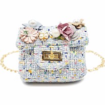 Mini Tweed Pearly Florals Crossbody - Blue