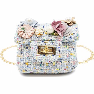 Mini Tweed Pearly Florals Crossbody - Blue