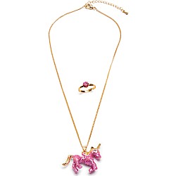 Glitter Pink Unicorn Necklace & Ring Set