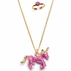 Glitter Pink Unicorn Necklace & Ring Set