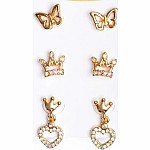 Boutique Royal Crown Studded Earrings, 3 Pr