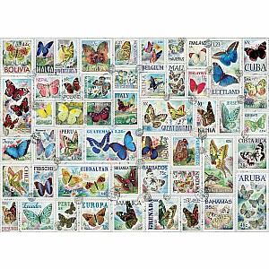 500 pc - Large Puzzle Pieces - Butterflies - Vintage Stamps
