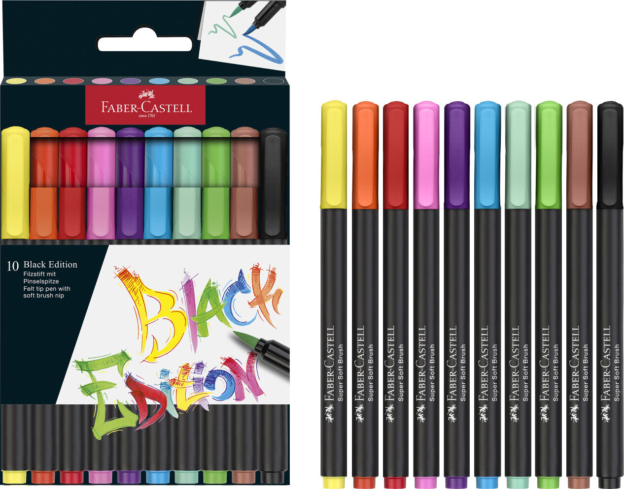10Ct Felt Tip Brush Pen Black Edition Box