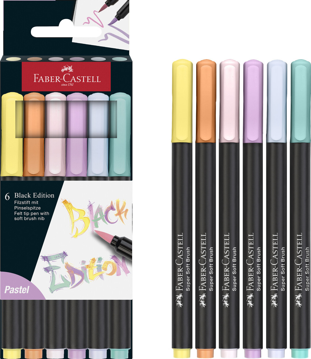 6Ct Felt Tip Brush Pen Black Edition Box