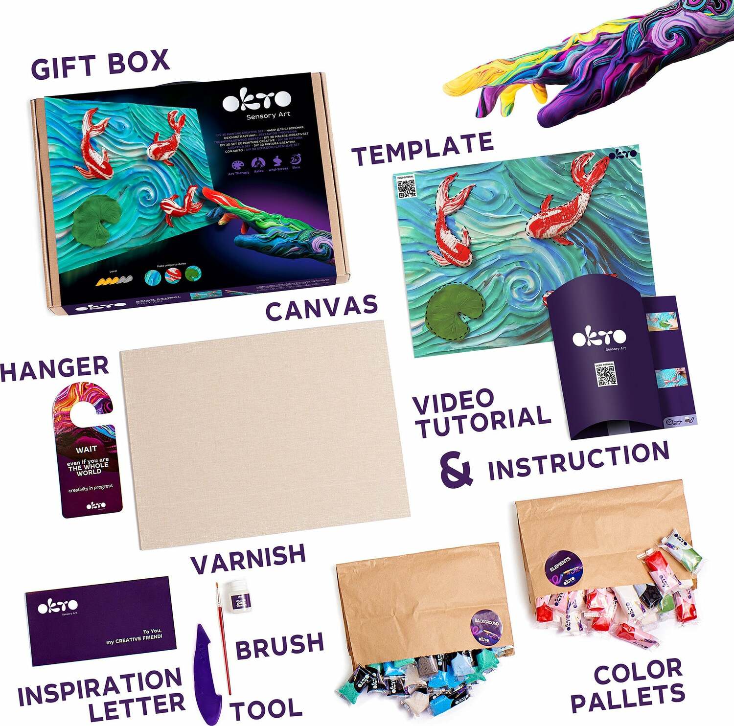 OKTO Sensory Art 3D Painting "Koi Carps" – 11.8" x 15.7" Canvas Kit