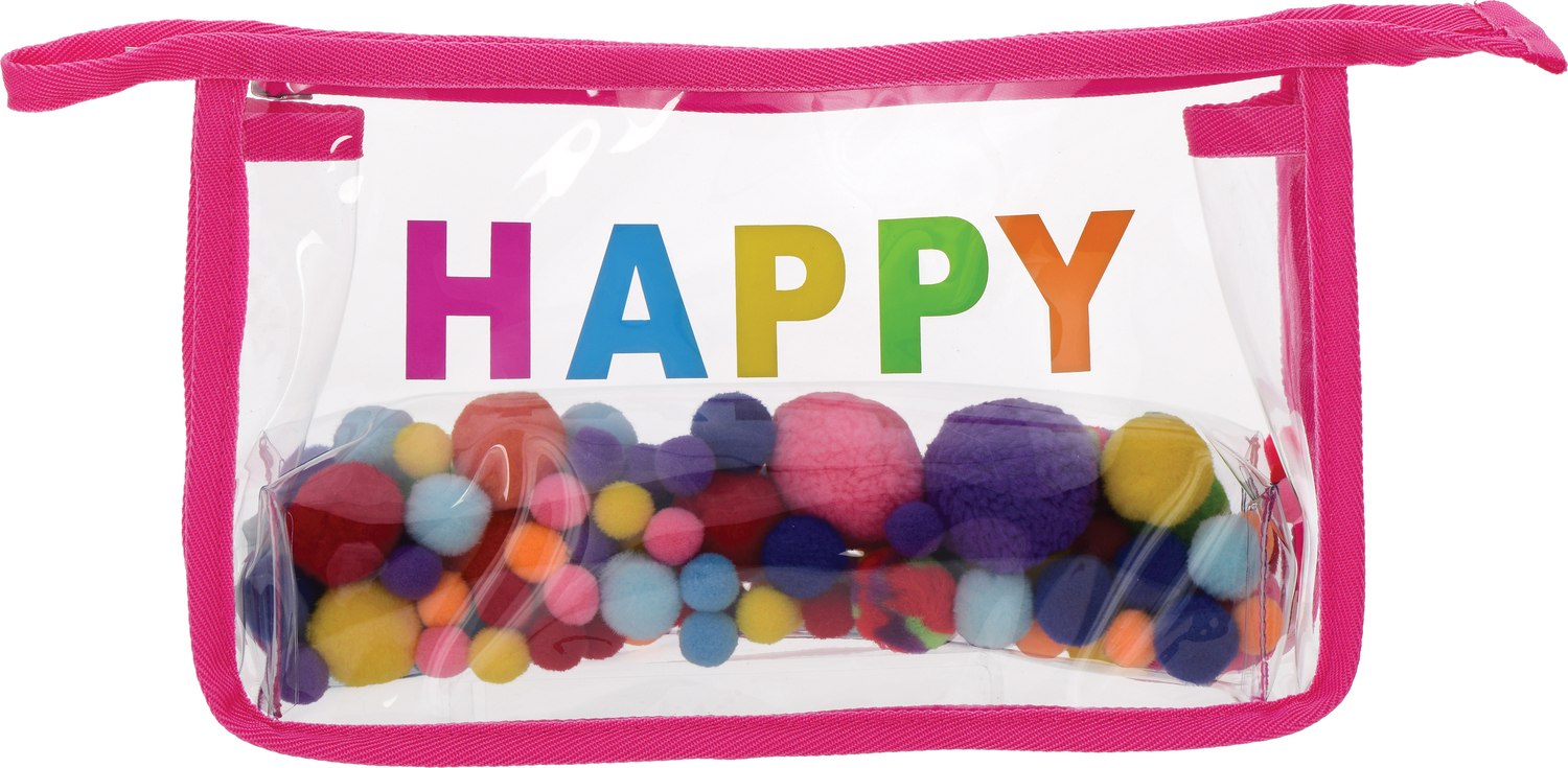 Happy Clear Cosmetic Bag with Pom-Poms