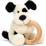 Bashful Black And Cream Puppy Wooden Ring Rattle