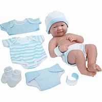 JC Toys 14" All-Vinyl La Newborn, Smiling face Realistic Boy Baby Doll, Blue Deluxe Clothing Layette Set