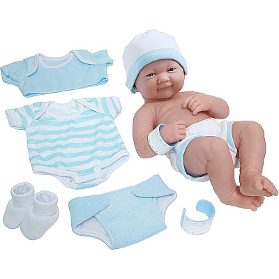 JC Toys 14" All-Vinyl La Newborn, Smiling face Realistic Boy Baby Doll, Blue Deluxe Clothing Layette Set