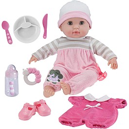 JC Toys 15" Soft Body Berenguer Boutique Baby Doll Gift Set- 10 Piece, Open/Close Eyes in Pink outfit