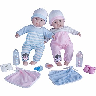 JC Toys 15" Soft Body Berenguer Boutique Baby Doll Boy and Girl TWINS- 10 Piece Gift Set, Open/Close Eyes