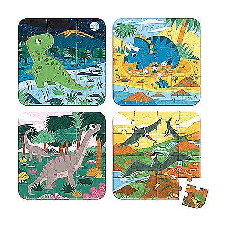 4 Progressive Difficulty Puzzles - Dinosaurs (6-9-12-16 Pcs)