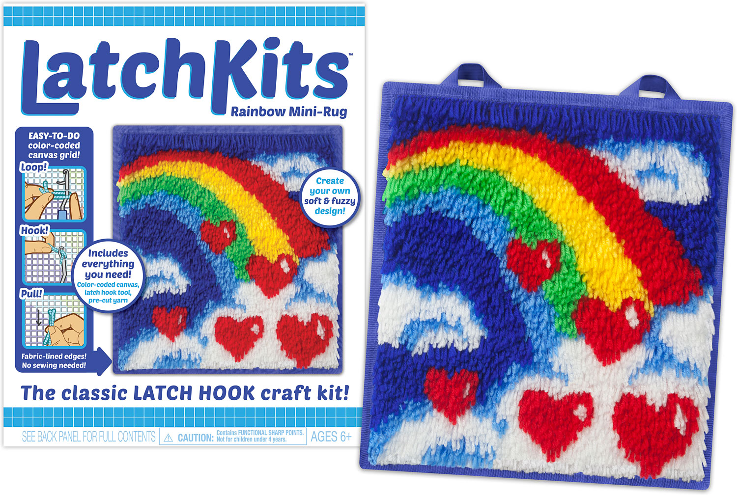 LatchKits Latch Hook Kit for Wall Hangings & Mini-Rugs - Smiling Rainbow -  Craft Kit with Easy, Color-Coded Canvas, Pre-Cut Yarn & Latch Hook Tool 