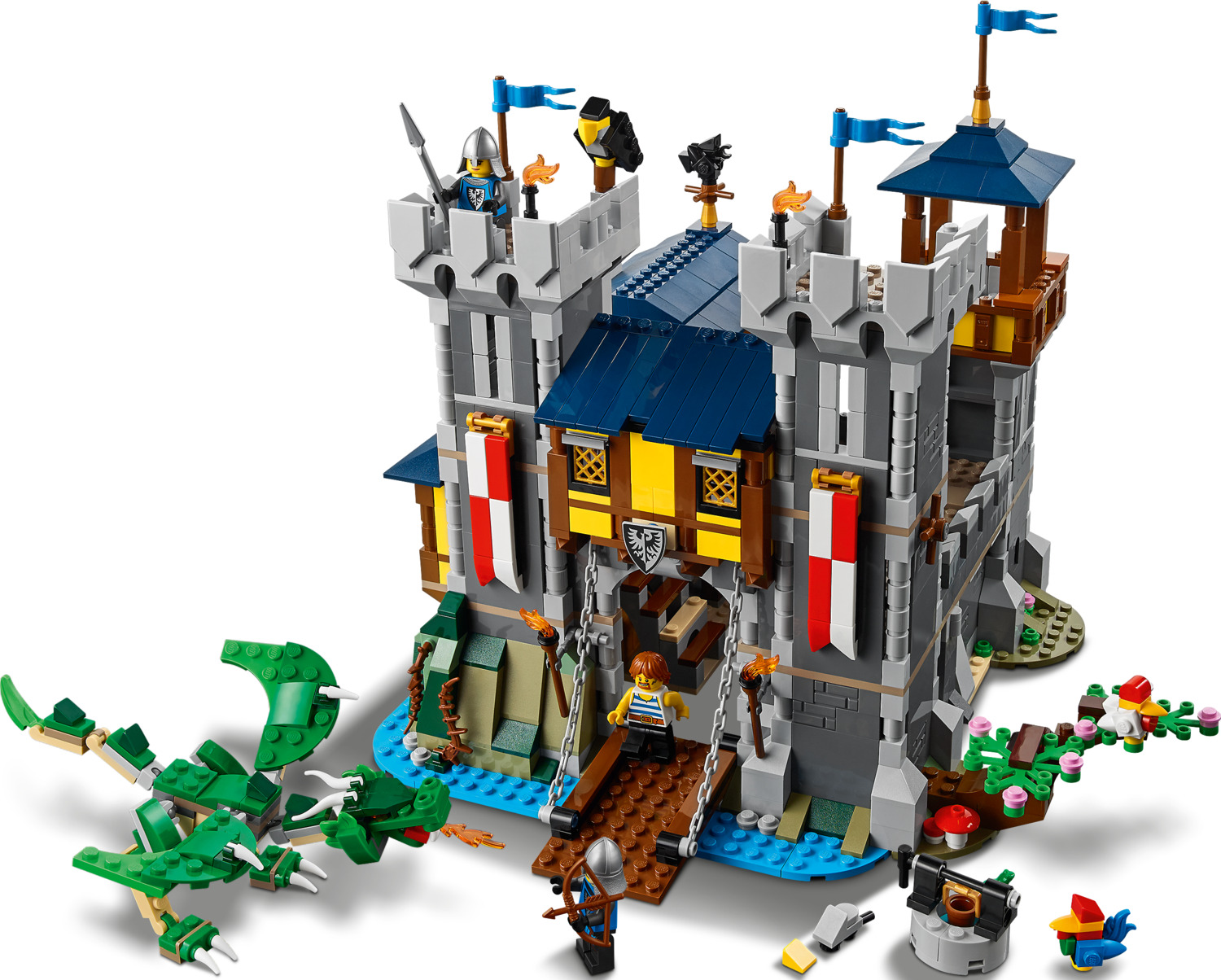 LEGO Creator 3 in 1 Medieval Castle Toy, Transforms from Castle to Tower to  Marketplace, Includes Skeleton and Dragon Figure, with 3 Minifigures and