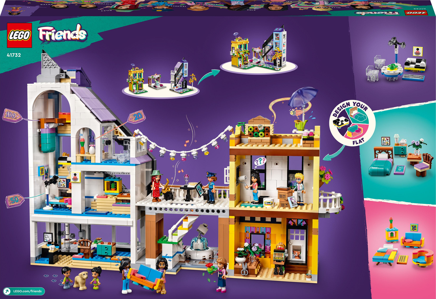 LEGO Friends Downtown Flower and Design Stores 41732 Building Set -  Buildable Toy with Apartment, Shops, House, and Classic Characters, Model  to Customize, Decorate, and Display for Ages 12+ 