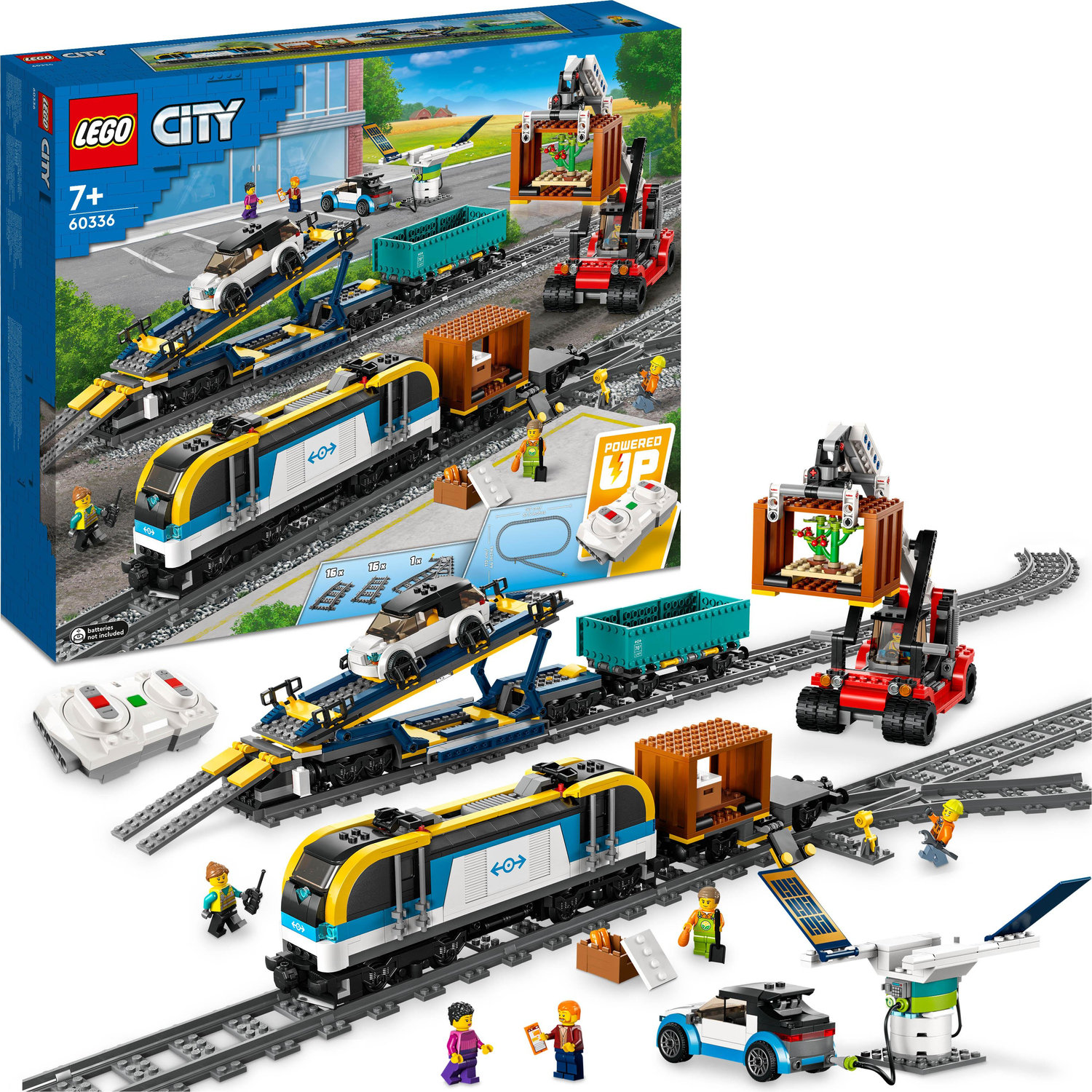 LEGO City Freight Train Set, 60336 Remote Control Toy for Kids Aged 7 Plus  with Sounds, 2 Wagons, Car Transporter, 33 Track Pieces and 2 EV Car Toys
