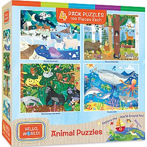 Hello World! Animals - 4 Pack 100 Piece Puzzles