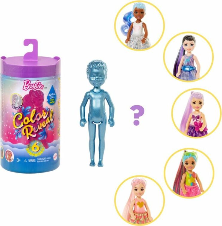 Barbie Color Reveal Chelsea Serie Glitter – Tubo Con 6 Sorprese, Bambola Misteriosa E Accessori, Per Bambine 3+ Anni
