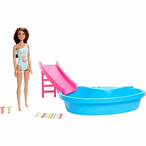 Barbie Doll and Pool Playset, Brunette with Pool, Slide, Towel and Drink Accessories