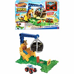 Hot Wheels Monster Trucks Rhinomite Chargin' Challenge Playset with 1 Toy Truck & 2 Crushed Cars