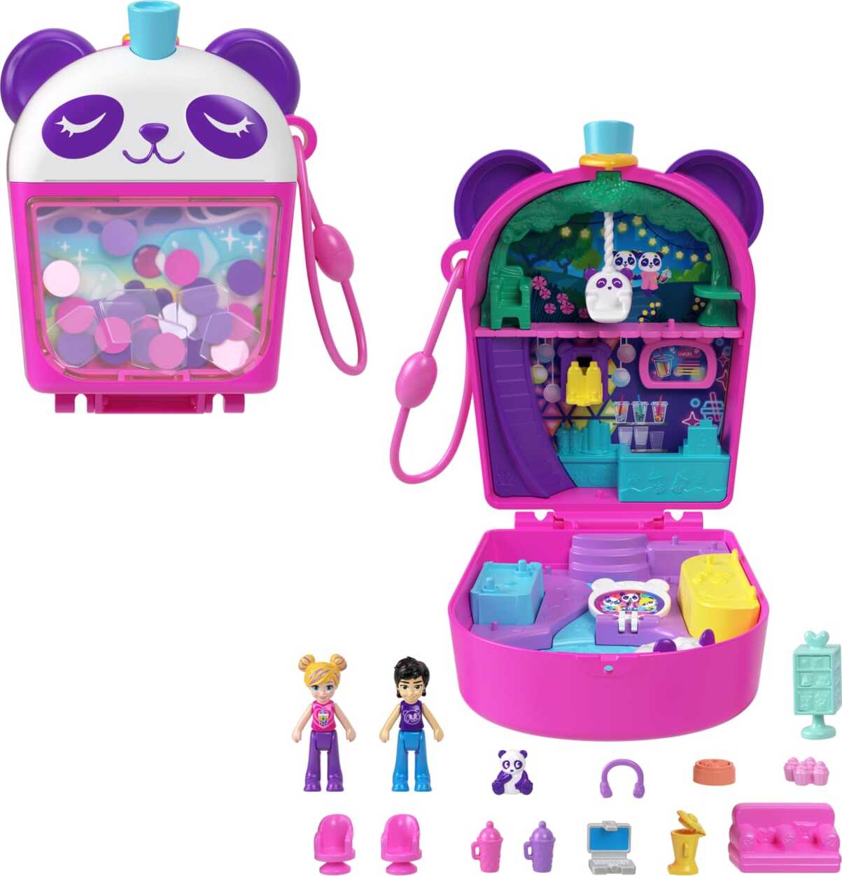 Polly Pocket Bubble Tea Panda Compact with 2 Micro Dolls and Pet Panda