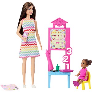 Barbie Teacher Doll with Brunette Fashion Doll, 1 Toddler Doll, & Teaching Accessories