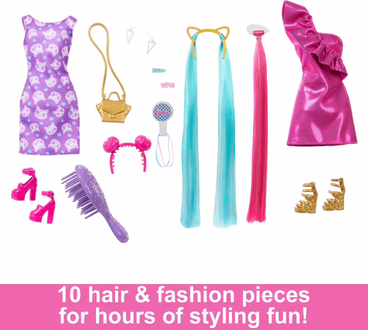 Barbie Fun & Fancy Hair Doll with Extra-Long Colorful Blonde Hair and Styling Accessories