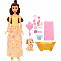 Disney Princess Bathe & Brush Belle Fashion Doll & Dog Figure with Color Change & Accessories