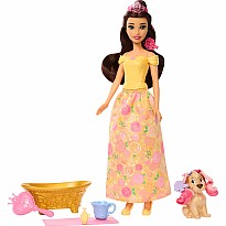 Disney Princess Bathe & Brush Belle Fashion Doll & Dog Figure with Color Change & Accessories