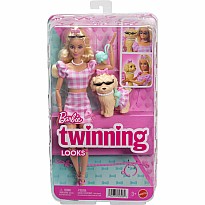 Barbie Twinning Looks Fashion Doll with Pet Dog, Matching Pink Clothes & Accessories, Blonde