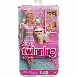 Barbie Twinning Looks Fashion Doll with Pet Dog, Matching Pink Clothes & Accessories, Blonde
