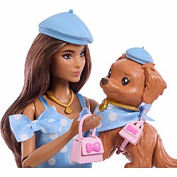 Barbie Twinning Looks Fashion Doll with Pet Dog, Matching Blue Clothes & Accessories, Brunette
