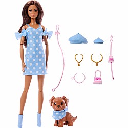 Barbie Twinning Looks Fashion Doll with Pet Dog, Matching Blue Clothes & Accessories, Brunette