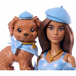 Barbie Twinning Looks Fashion Doll with Pet Dog, Matching Blue Clothes & Accessories, Brunette