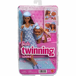 Barbie Twinning Looks Fashion Doll with Pet Dog, Matching Blue Clothes & Accessories, Brunette