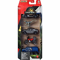 Jurassic World Matchbox 5-Pack, 4 1:64 Scale Die-Cast Toy Cars with 1 Dinosaur (Styles May Vary)