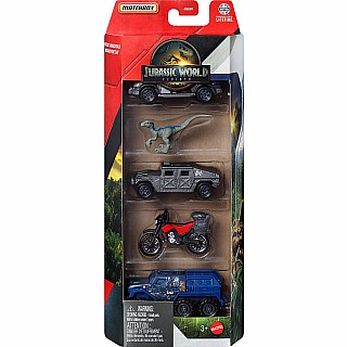 Jurassic World Matchbox 5-Pack, 4 1:64 Scale Die-Cast Toy Cars with 1 Dinosaur (Styles May Vary)