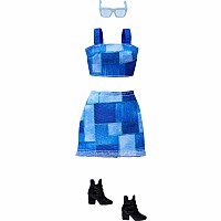 Barbie Style Complete Looks with Blue Patchwork Skirt and Top, Black Booties, and Blue Sunglasses