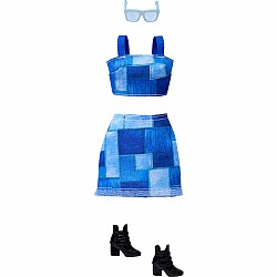 Barbie Style Complete Looks with Blue Patchwork Skirt and Top, Black Booties, and Blue Sunglasses