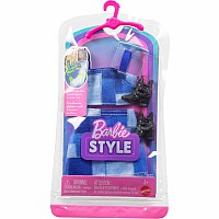 Barbie Style Complete Looks with Blue Patchwork Skirt and Top, Black Booties, and Blue Sunglasses