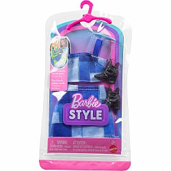 Barbie Style Complete Looks with Blue Patchwork Skirt and Top, Black Booties, and Blue Sunglasses