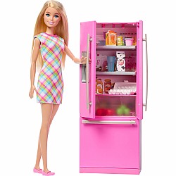 Barbie Doll & Kitchen Playset with Refrigerator & 10 Accessories Including Food, Plus Stickers