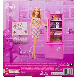 Barbie Doll & Kitchen Playset with Refrigerator & 10 Accessories Including Food, Plus Stickers