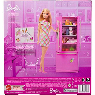 Barbie Doll & Kitchen Playset with Refrigerator & 10 Accessories Including Food, Plus Stickers