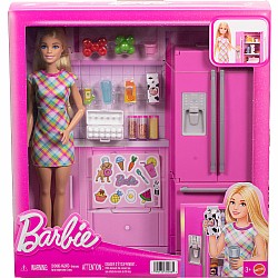 Barbie Doll & Kitchen Playset with Refrigerator & 10 Accessories Including Food, Plus Stickers